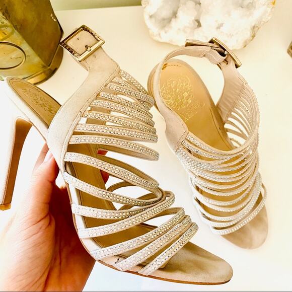 VINCE CAMUTO Nude Cream Suede Sequin Sparkly Strappy Stiletto Sandal Heels 8.5 - Picture 1 of 9